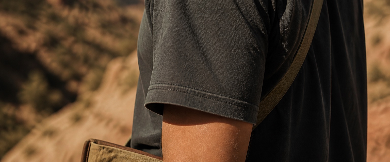 The sleeve of the piece and an olive field bag strap, in a sandstone canyon.